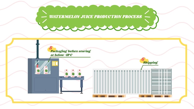 Vector pasos del proceso de producción de jugo de sandía vectorial embalaje de envío