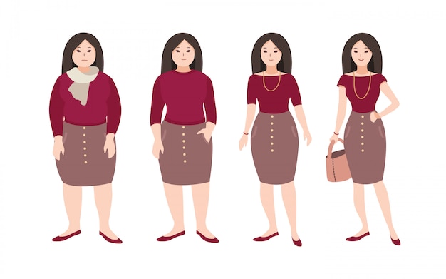 Pasos progresivos del cambio de cuerpo del personaje de dibujos animados femenino joven Concepto de pérdida de peso a través de entrenamientos de fitness y una nutrición adecuada. ilustración.