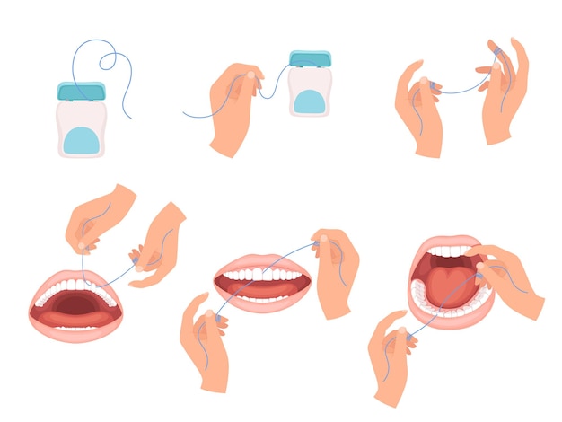 Vector pasos sobre cómo utilizar el hilo dental para higiene dental dentista médico