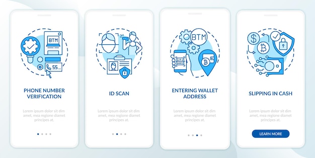 Pasos de verificación de cajeros automáticos de bitcoin incorporando la pantalla de la página de la aplicación móvil con conceptos. compra de efectivo o tarjeta de débito paso a paso 5. plantilla de interfaz de usuario con ilustraciones en color rgb