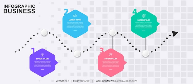 Pasos de visualización de datos de negocio línea de tiempo del proceso diseño de plantillas infográficas con íconos