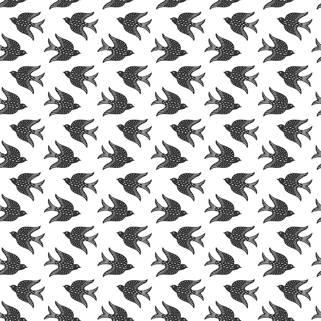 Pássaros decorativos dibujados a mano con una textura sin costuras, aves populares estilizadas con una silueta sin costuras.