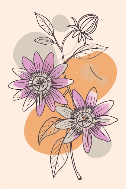Passiflora rama de la flor de la pasión con flores y manchas de color Ilustración vectorial botánica