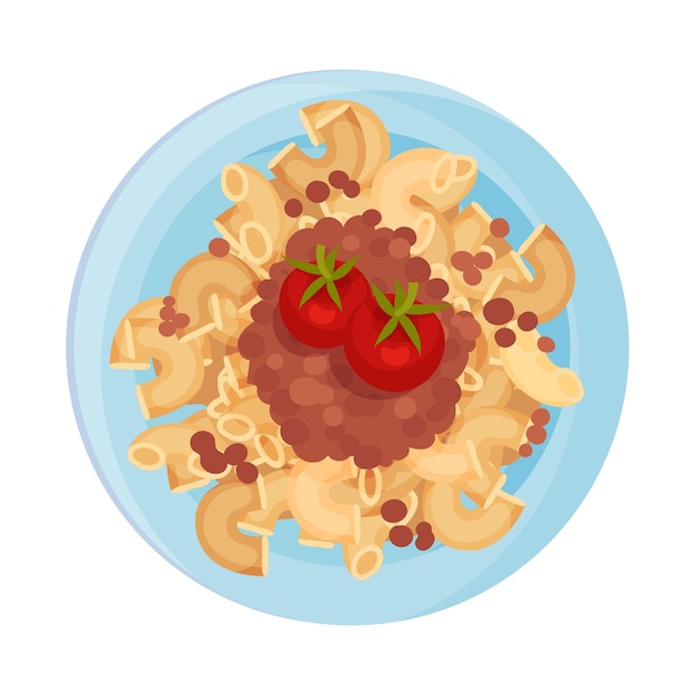 Pasta con carne y tomates servidos en el plato Ilustración de primer plano vectorial