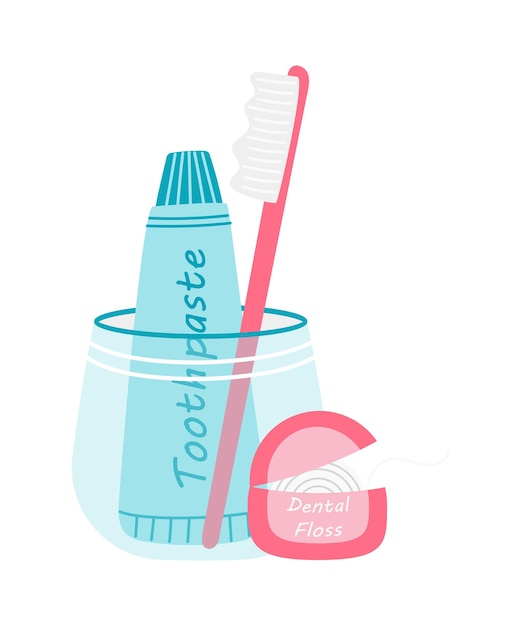 Pasta dental cepillo de dientes en un vidrio Ilustración vectorial de elementos de cuidado bucal en el hogar