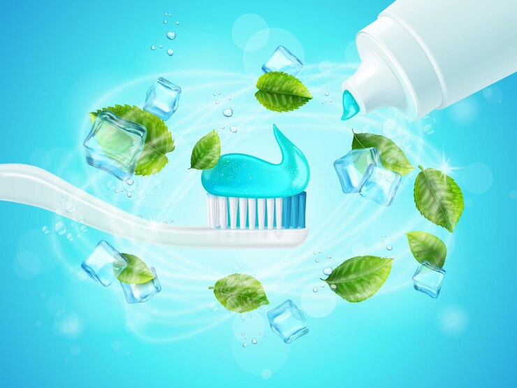 Vector pasta dental de menta pasta dental con hoja de menta refrescante sabor fresco cepillo de dientes crema de hierbas dentales efecto de blanqueo extra farmacia ad ilustración vectorial realista exacta