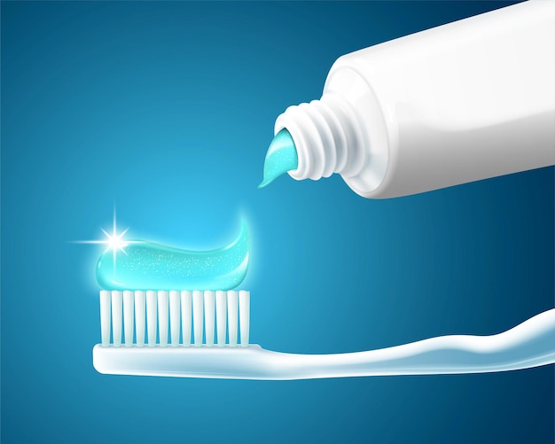 Pasta de dientes exprimida en el cepillo de dientes sobre fondo azul en la ilustración 3d