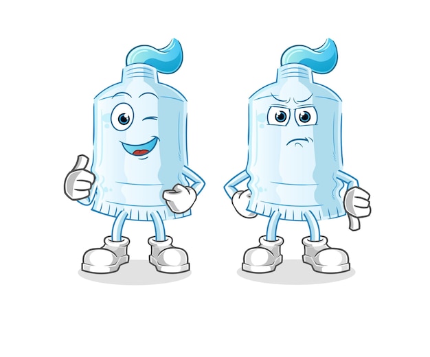 Pasta de dientes pulgares arriba y pulgares abajo. vector de mascota de dibujos animados