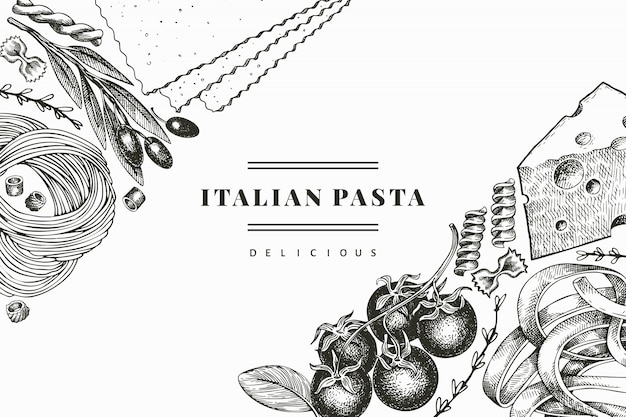 Pasta italiana con diseño de adiciones. Dibujado a mano ilustración de alimentos. Estilo grabado. Pasta vintage diferente