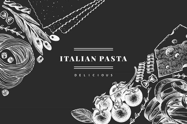 Pasta italiana con plantilla de adiciones. Ilustración de comida dibujada a mano en la pizarra. Estilo grabado. Fondo de diferentes tipos de pasta vintage.