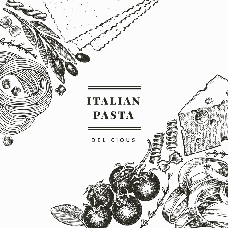 Vector pasta italiana con plantilla de diseño de adiciones. dibujado a mano ilustración de alimentos. estilo grabado. fondo de diferentes tipos de pasta vintage.