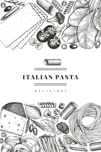 Vector pasta italiana con plantilla de diseño de adiciones. dibujado a mano ilustración de alimentos. estilo grabado. fondo de diferentes tipos de pasta vintage.