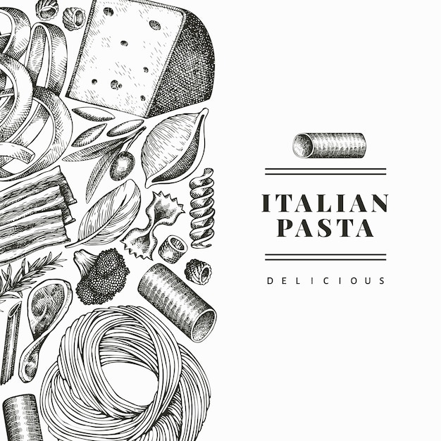 Pasta italiana con plantilla de diseño de adiciones. Dibujado a mano ilustración de alimentos. Estilo grabado. Fondo de diferentes tipos de pasta vintage.