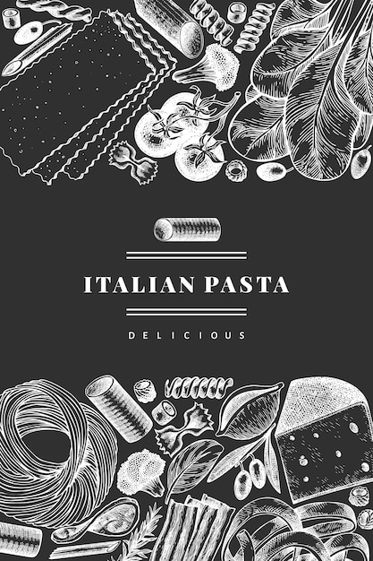 Pasta italiana con plantilla de diseño de adiciones. mano dibuja la ilustración de alimentos en la pizarra. estilo grabado. fondo de diferentes tipos de pasta vintage.