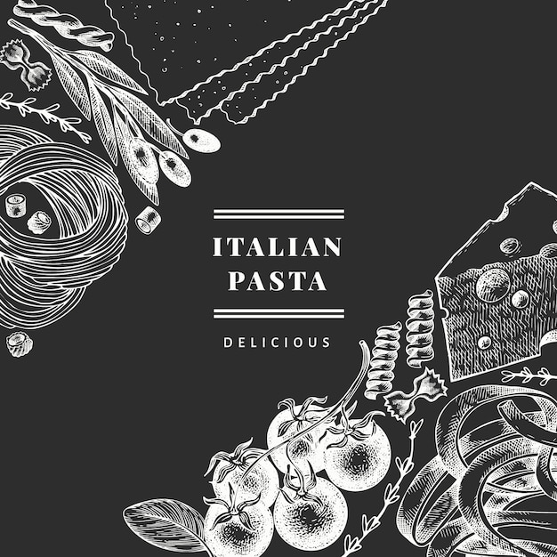 Pasta italiana con plantilla de diseño de adiciones. Mano dibuja la ilustración de alimentos en la pizarra. Estilo grabado.