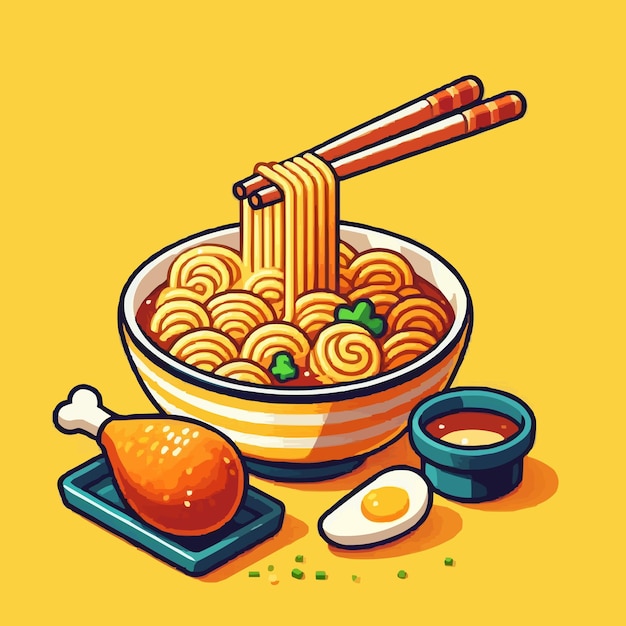 Pasta y pierna de pollo con palillos de comer icona de dibujos animados de vector ilustración icona de objeto de comida concepto de isola