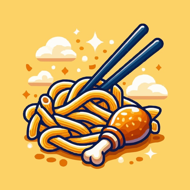 Vector pasta y pierna de pollo con palillos de comer icona de dibujos animados de vector ilustración icona de objeto de comida concepto de isola