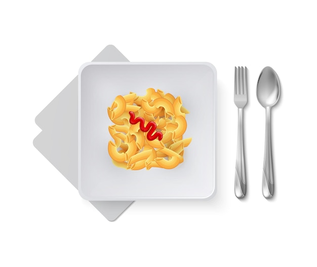 Vector pasta realista en plato blanco plato de restaurante italiano con cubiertos metálicos elemento de vector de menú de café aislado