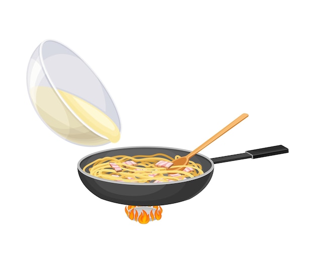 Pasta con rebanadas de tocino en sartén en el horno y líquido de huevo vertiendo en el interior como ilustración vectorial del paso de cocción de Carbonara