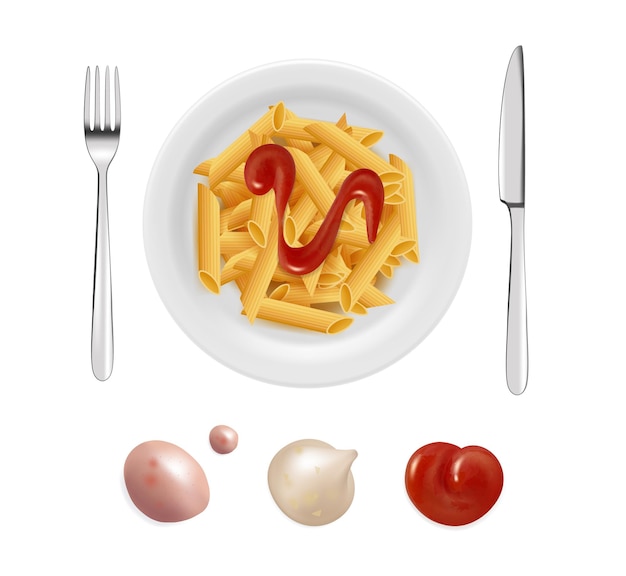 Pasta con salsa de tomate plato de cocina italiana plato blanco aislado y papelería Conjunto de vectores de gotas de salsas diversas realistas