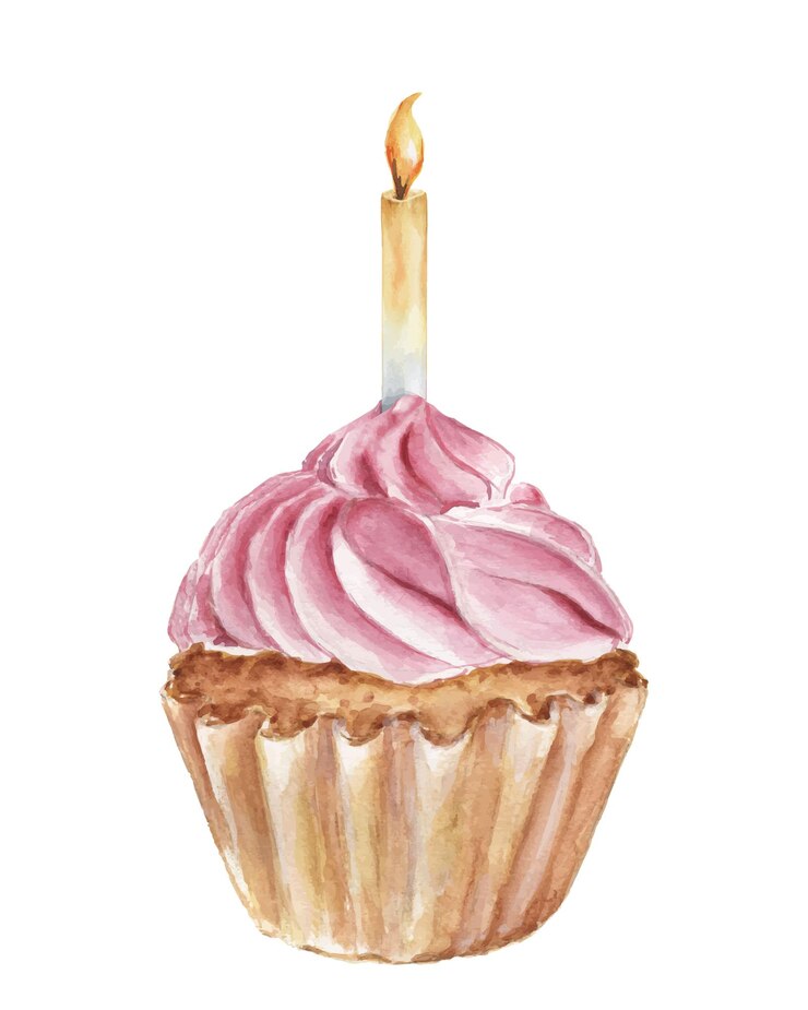 Vector pastel de acuarela con crema y vela ardiente ilustración dibujada a mano para cumpleaños de vacaciones