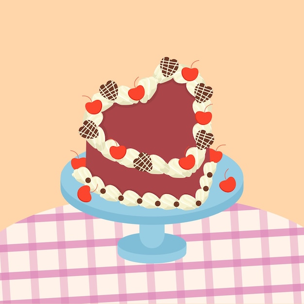 Pastel de amor de terciopelo rojo con papas fritas de chocolate y cerezas
