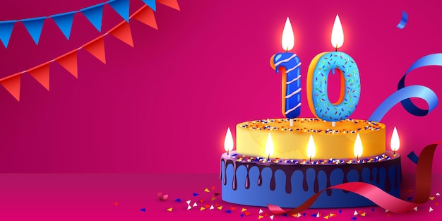 Pastel de aniversario de 10 años con velas encendidas y confeti banner de cumpleaños