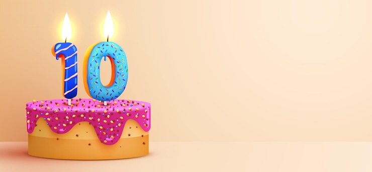Vector pastel de aniversario de 10 años con velas encendidas y confeti banner de cumpleaños