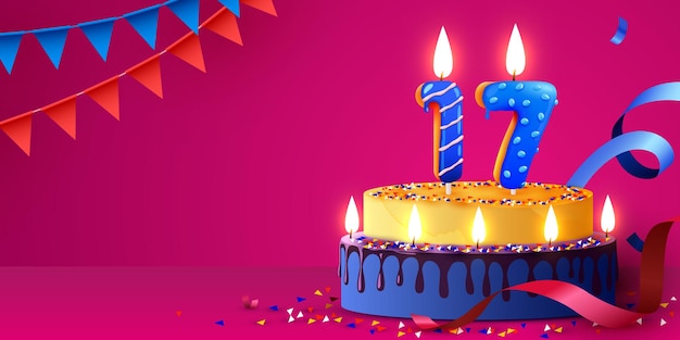 Pastel de aniversario de 17 años con velas encendidas y confeti Banner de cumpleaños