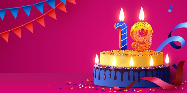 Pastel de aniversario de 19 años con velas encendidas y confeti Banner de cumpleaños