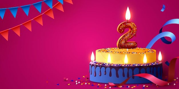 Pastel de aniversario de 2 años con velas encendidas y confeti Banner de cumpleaños