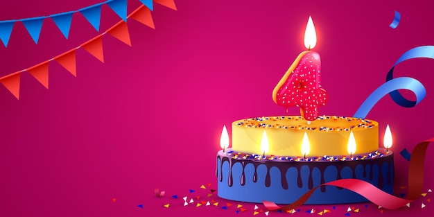 Pastel de aniversario de 4 años con velas encendidas y confeti banner de cumpleaños