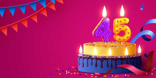 Pastel de aniversario de 45 años con velas encendidas y confeti Banner de cumpleaños