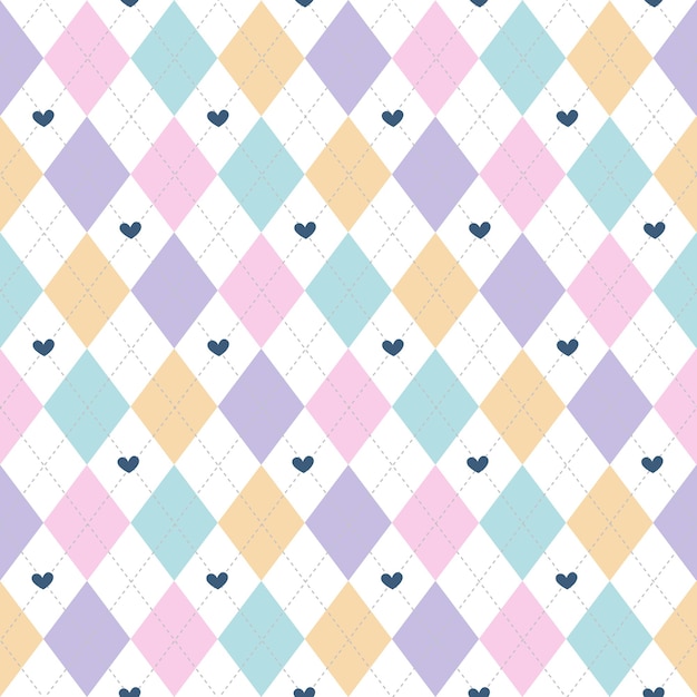 Pastel Argyle Seamless Pattern con corazones Diseño de fondo de textura de tela romántico lindo para tejer