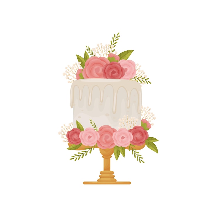 Vector pastel blanco con glaseado blanco sobre soporte de madera con pierna decorado con flores rosas ilustración vectorial sobre fondo blanco