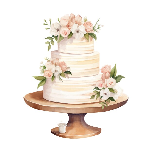 Pastel de bodas de acuarela con arreglos florales en la ilustración de soporte de madera