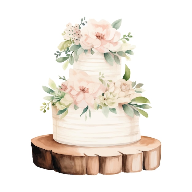 Pastel de bodas de acuarela con arreglos florales en la ilustración de soporte de madera