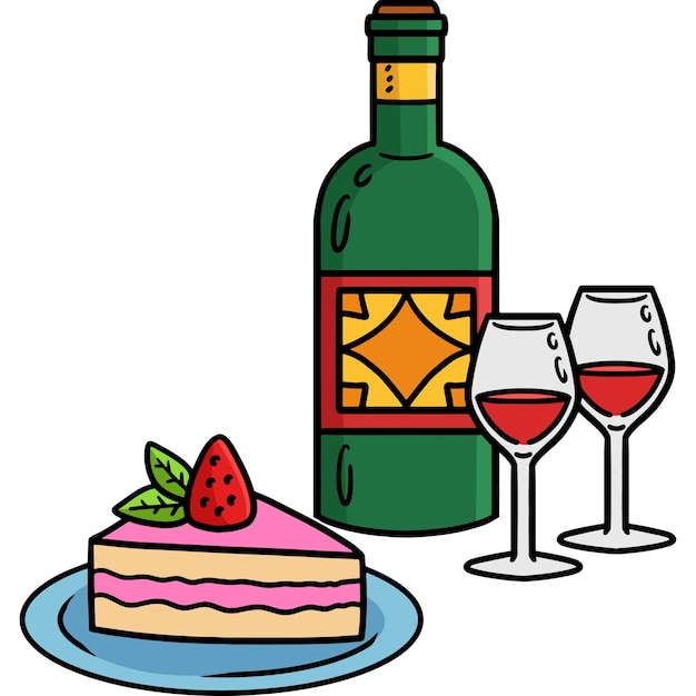 Pastel de bodas y dibujos animados de vino coloreado Clipart