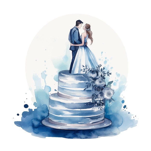 Pastel de bodas con ilustración de pintura de acuarela de pareja