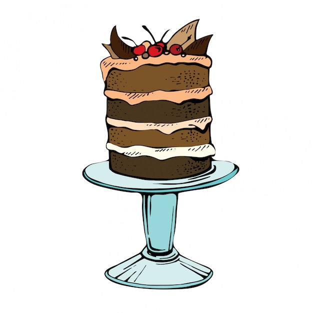Pastel de celebración dibujado a mano. Color ilustración vectorial de un pastel de chocolate con cereza sobre un fondo blanco.