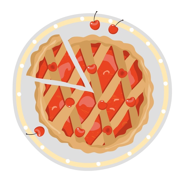 Pastel de cereza cortado en un plato con rodajas vista superior ilustración vectorial sobre un fondo blanco aislado