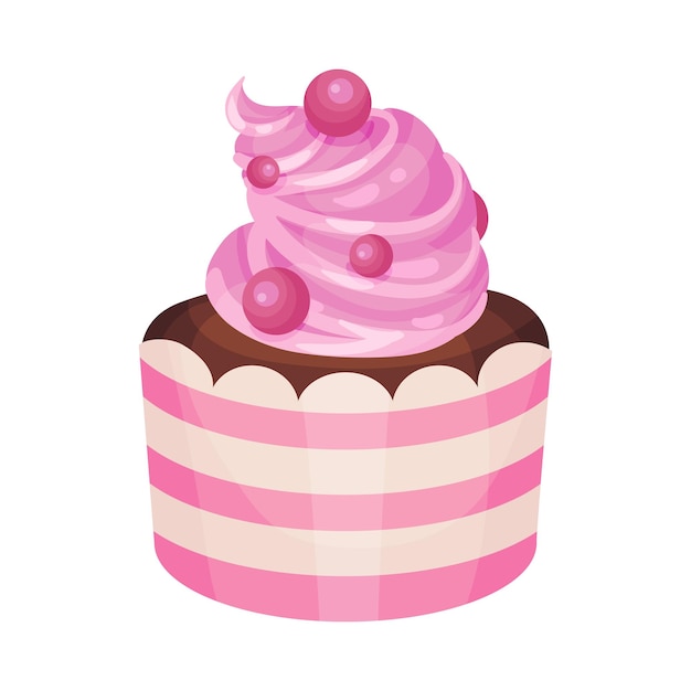 Vector pastel de chocolate con crema rosa y cuentas de caramelo en un paquete a rayas ilustración vectorial sobre un fondo blanco