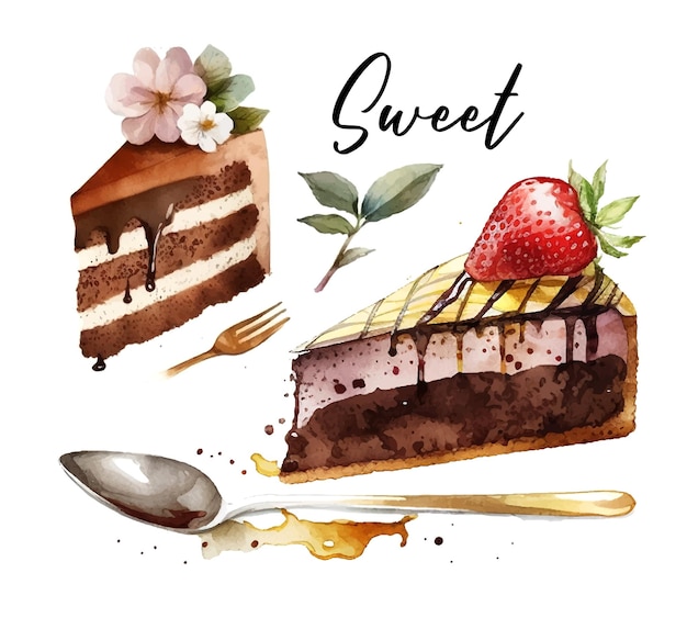 Pastel de chocolate desierto acuarela rebanada de pastel de chocolate dibujo estilo acuarela ilustración vectorial