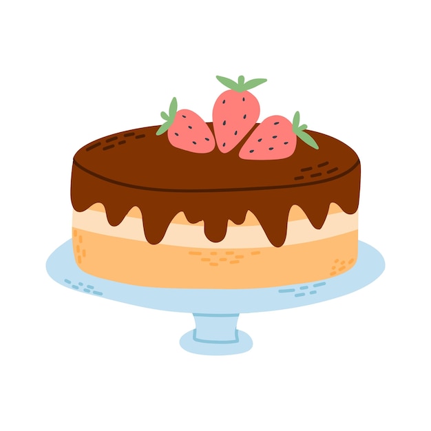 Pastel de chocolate con fresas en estilo plano Ilustración vectorial Pastel en un plato aislado en un fondo blanco