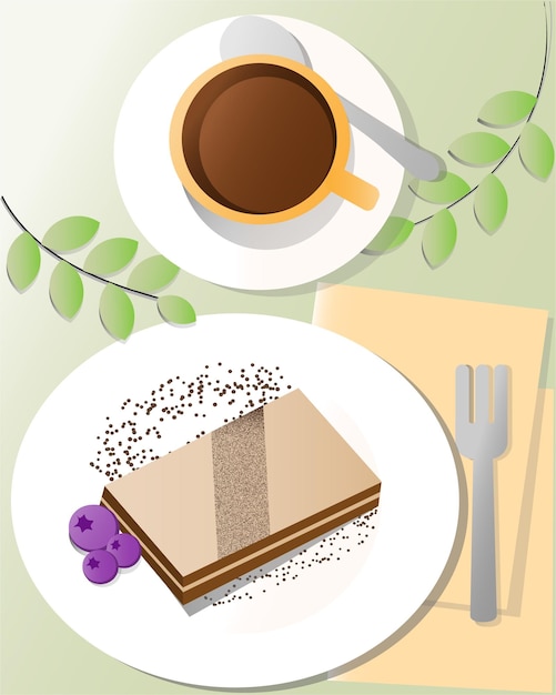 Pastel de chocolate y una taza de café en el mantel ilustración vectorial plana Hora del postre