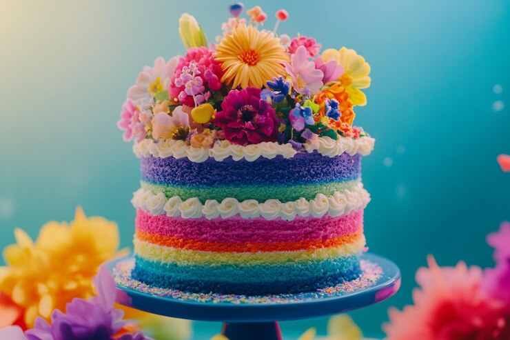 Vector un pastel colorido con flores en un soporte con un pastel arco iris en él