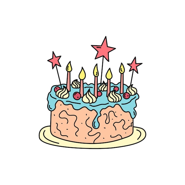 Pastel de cumpleaños aislado Vector doodle pastel de cumpleaños de niño dibujado a mano Ilustración de pastel de contorno colorido con cinco velas y crema