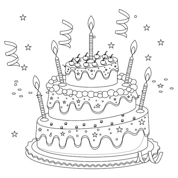 Pastel de cumpleaños para colorear ilustración para niños y adultos |  Vector Premium