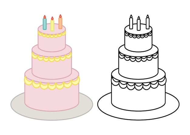 Pastel de cumpleaños para colorear con velas decoradas planas | Vector  Premium