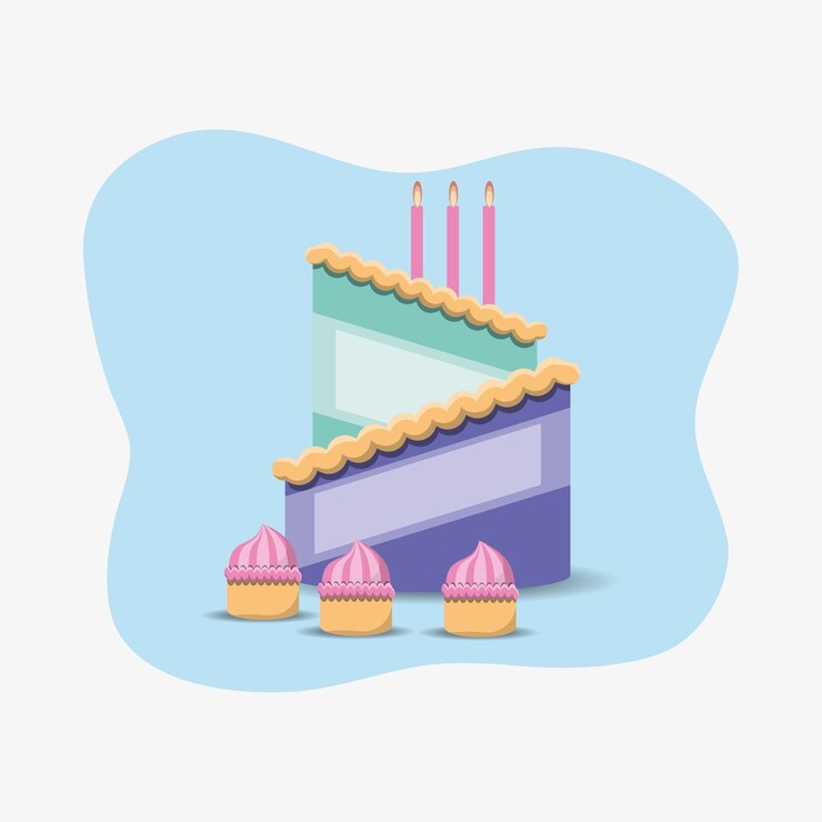 Vector pastel de cumpleaños con cupcakes sobre marco azul y fondo blanco